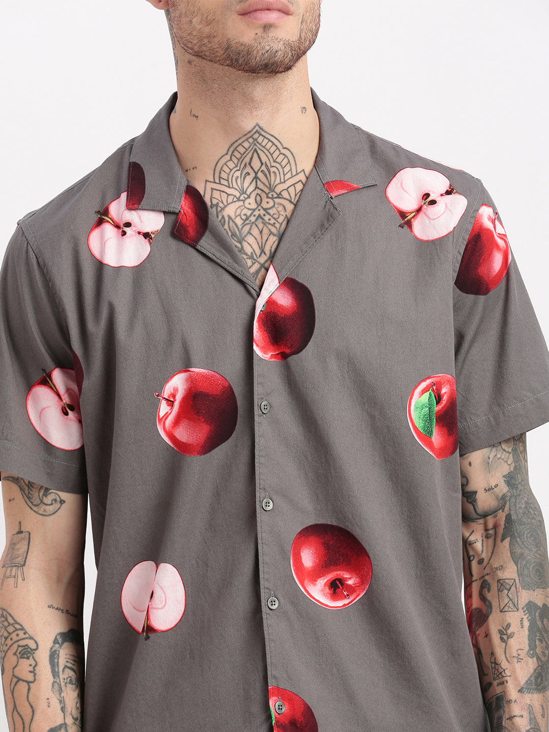 Men Graphic Cuban Collar Grey Co-Ords Set