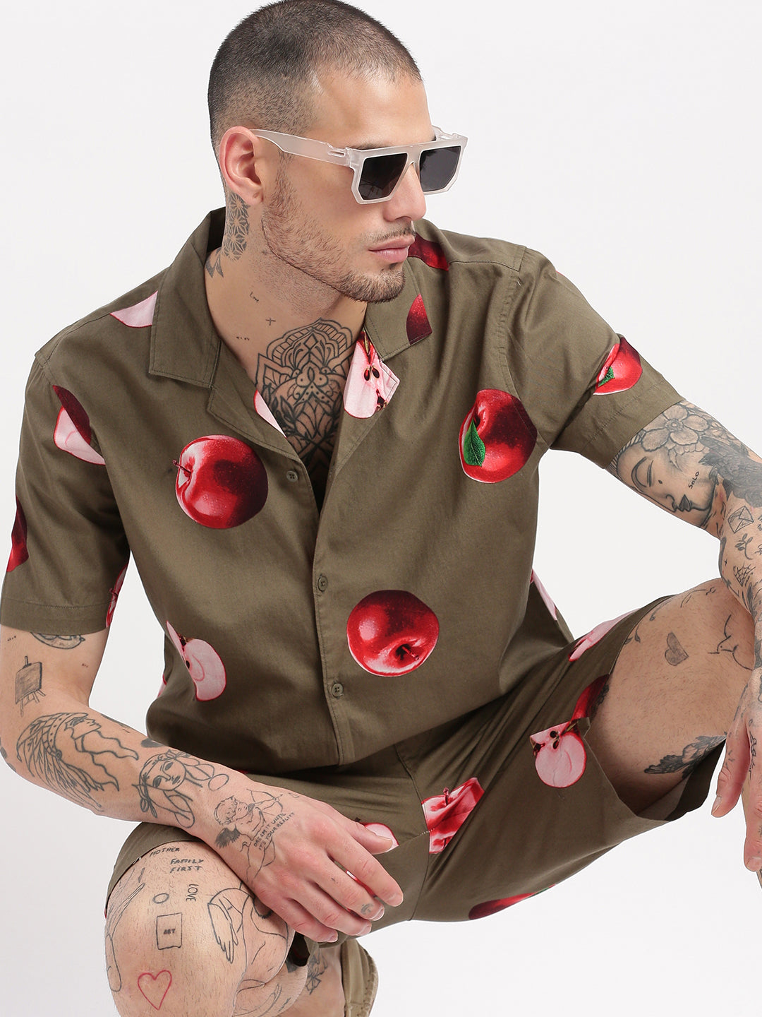 Men Graphic Cuban Collar Olive Co-Ords Set