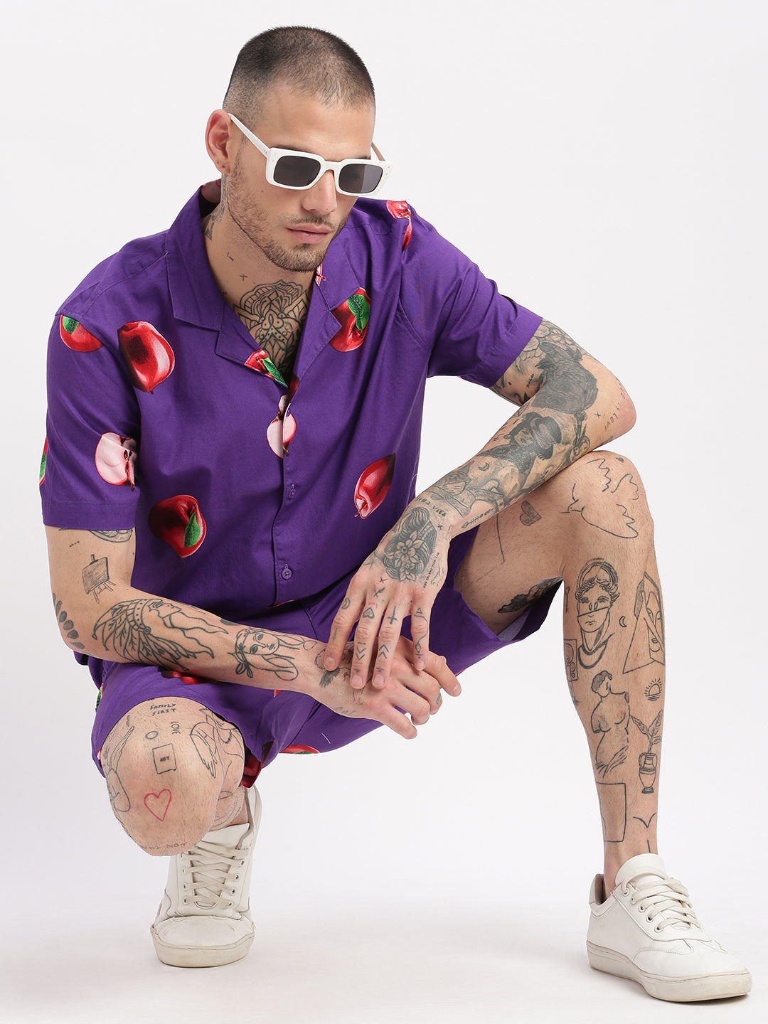 Men Graphic Cuban Collar Purple Co-Ords Set