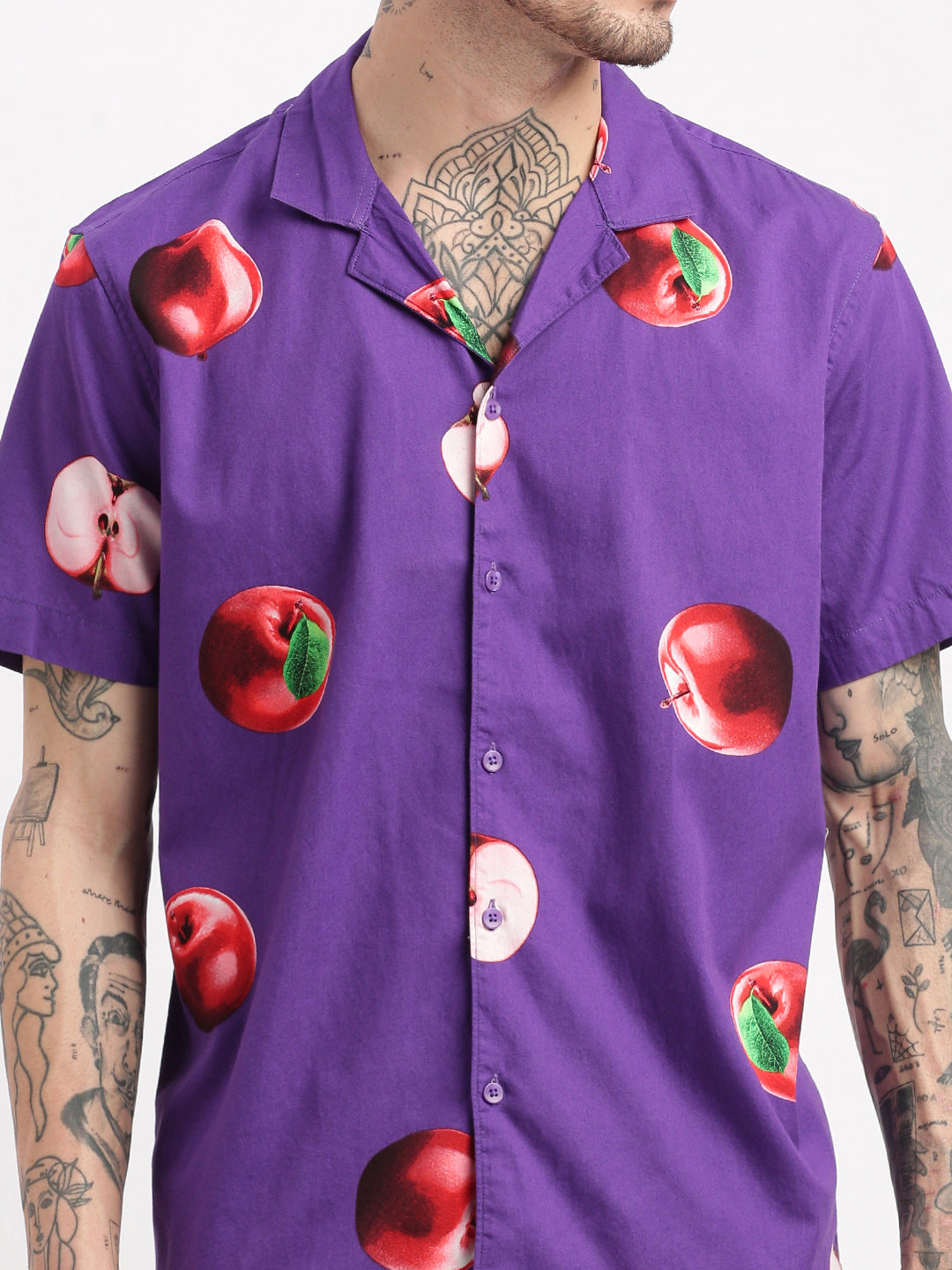 Men Graphic Cuban Collar Purple Co-Ords Set