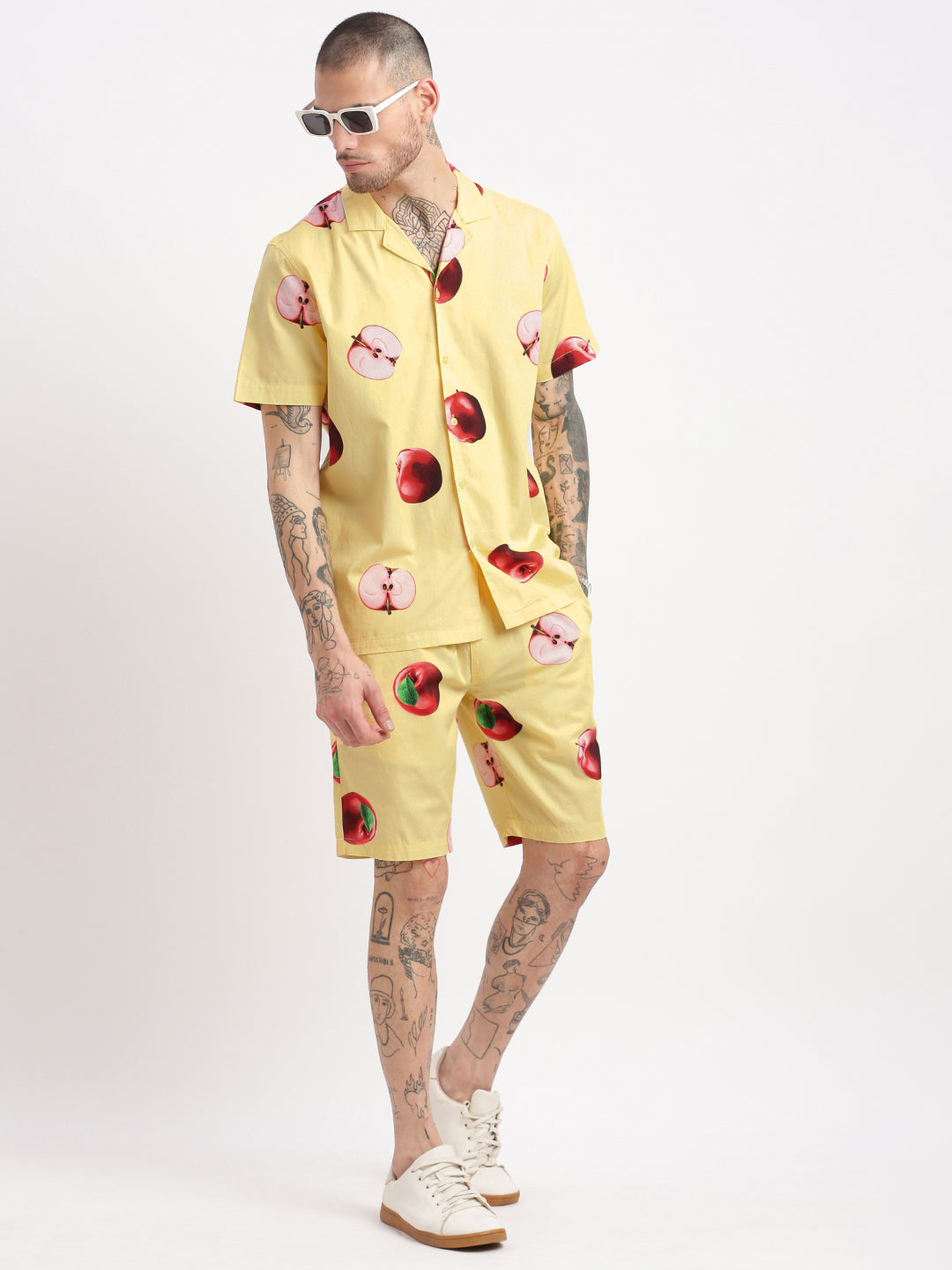 Men Graphic Cuban Collar Yellow Co-Ords Set