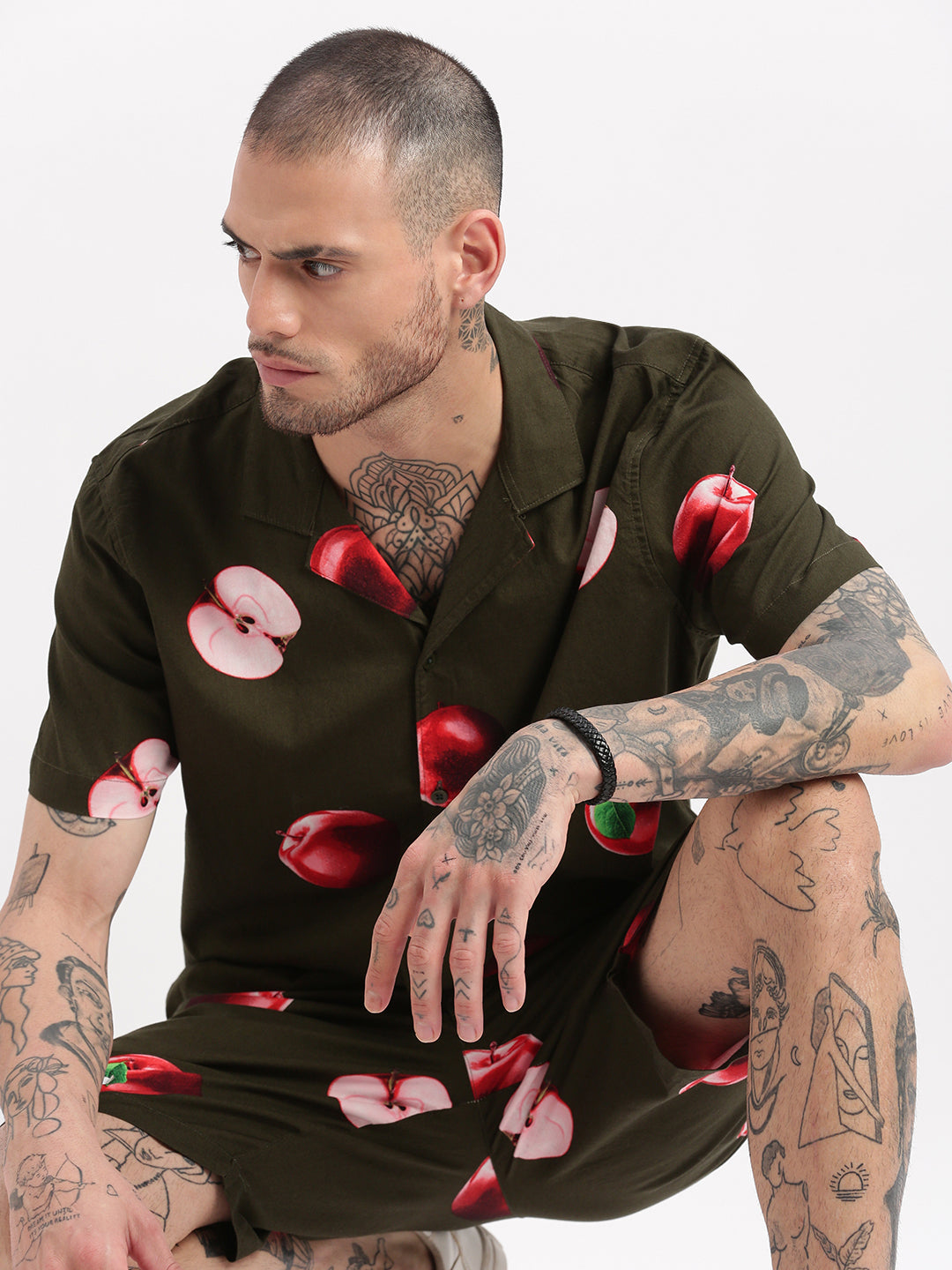 Men Graphic Cuban Collar Green Co-Ords Set