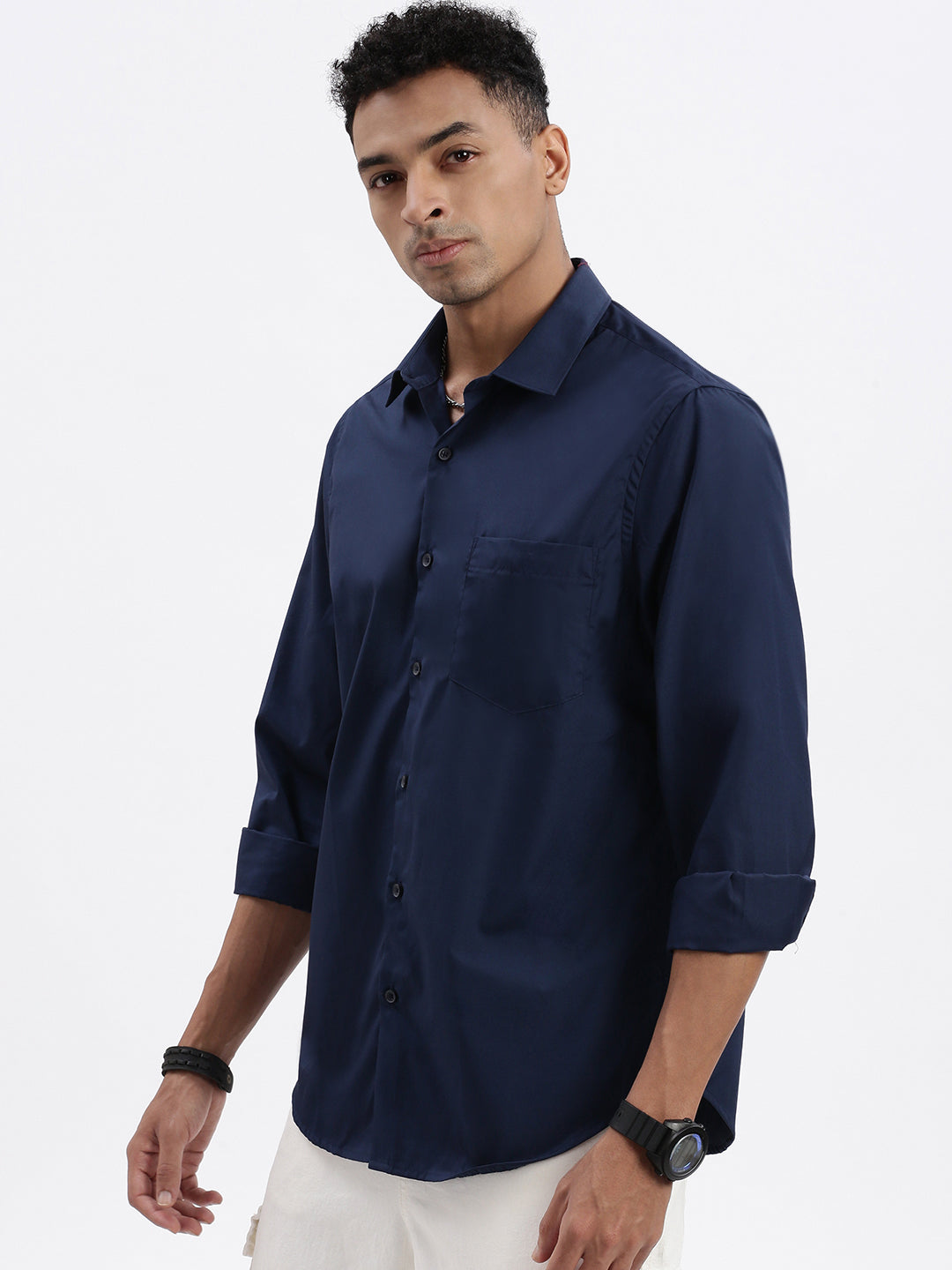 Men Navy Blue Solid Slim Fit Shirt