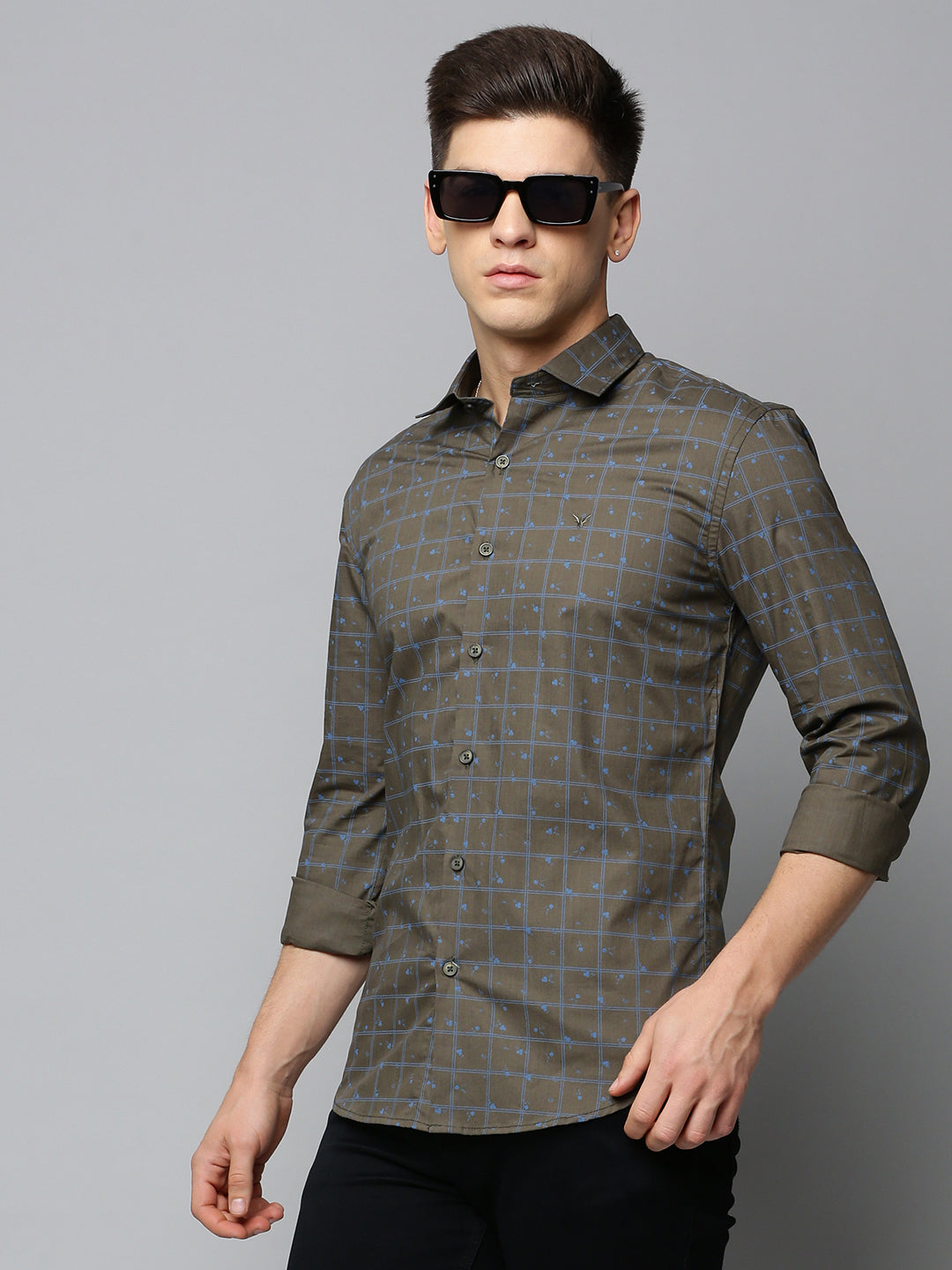 Men Spread Collar Checked Olive Shirt