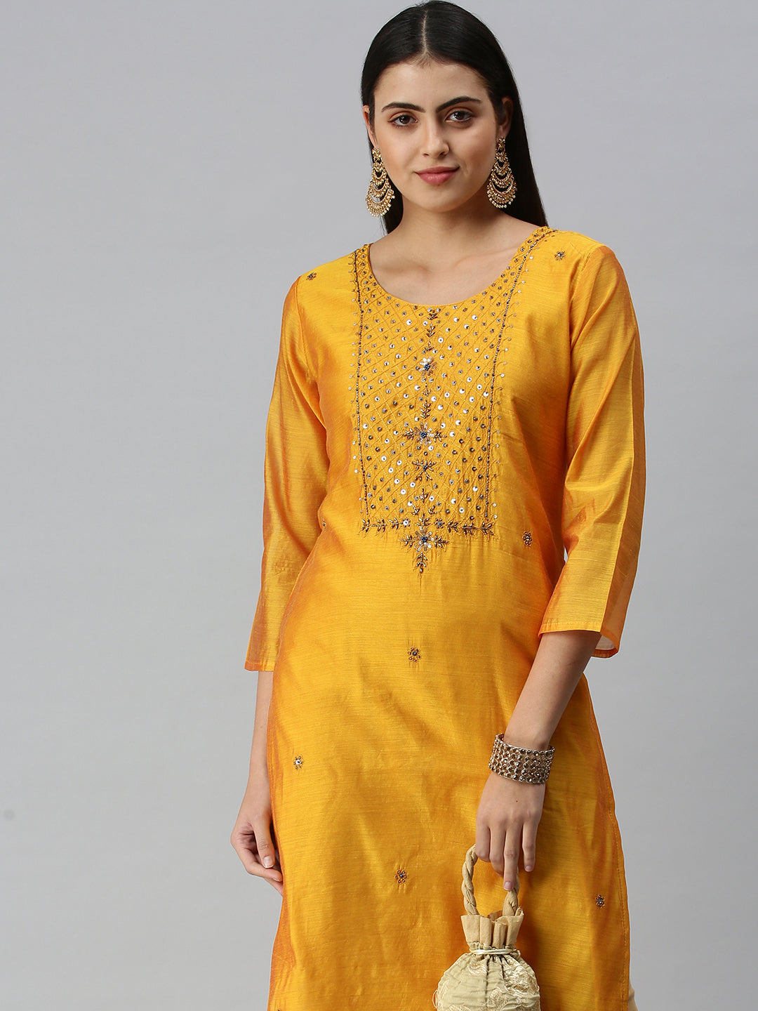 Women Embroidered Mustard Straight Kurta