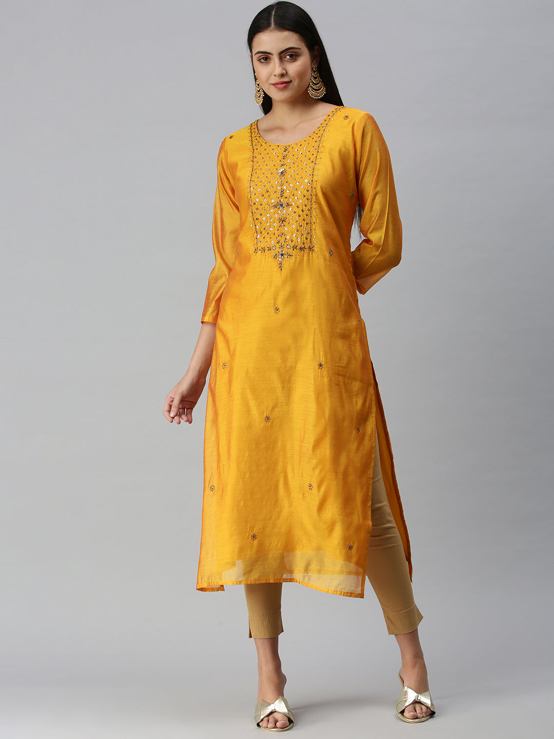 Women Embroidered Mustard Straight Kurta