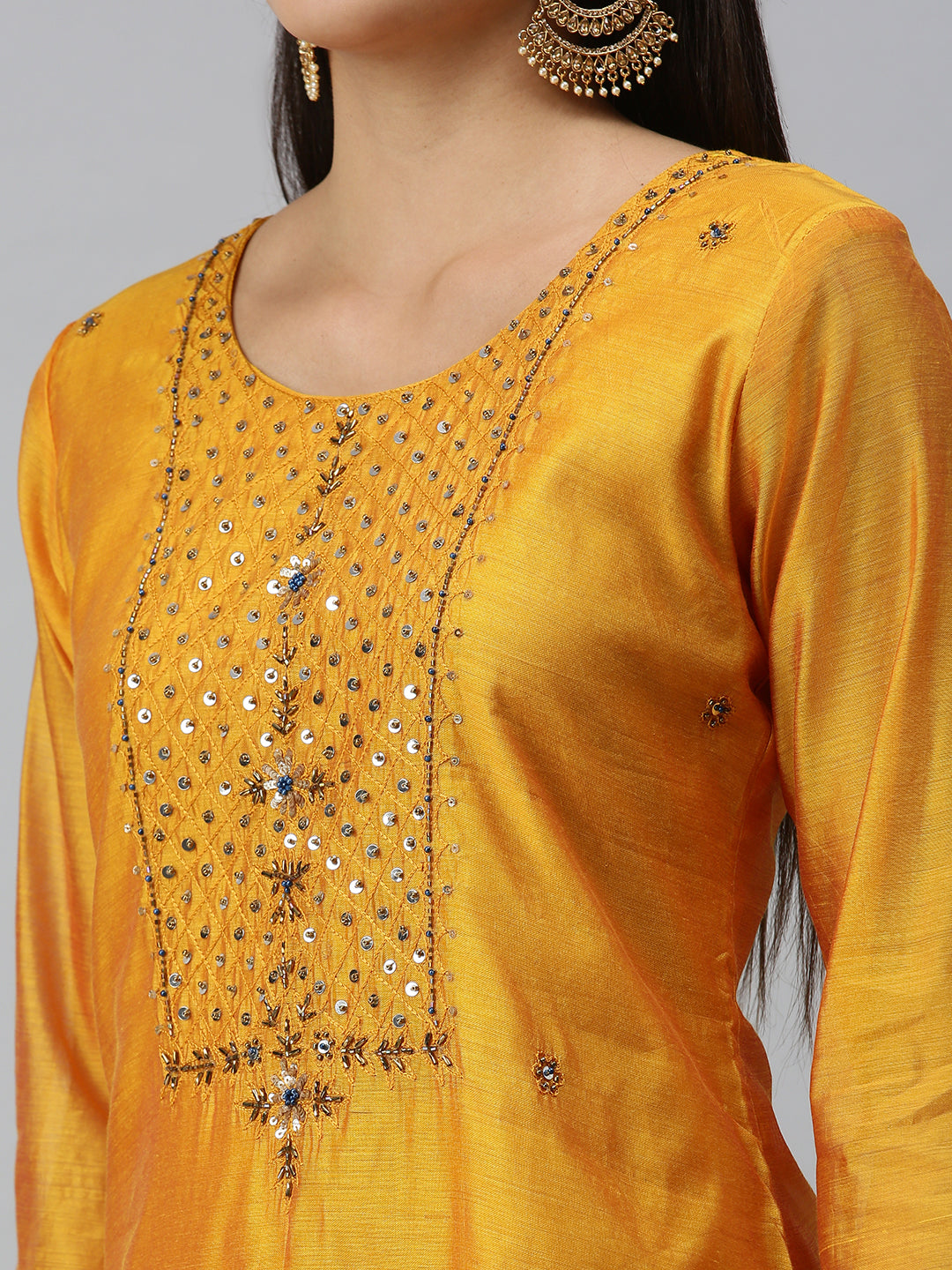 Women Embroidered Mustard Straight Kurta