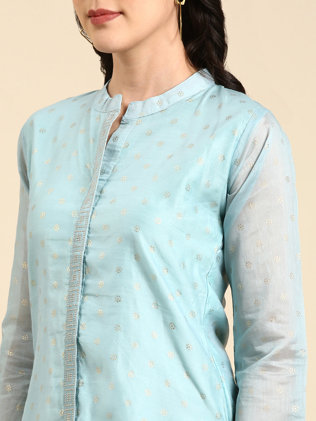 Women Mandarin Collar Printed Blue Straight Kurta
