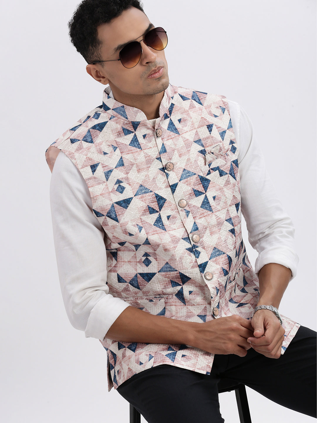 Men Peach Printed Nehru Jacket