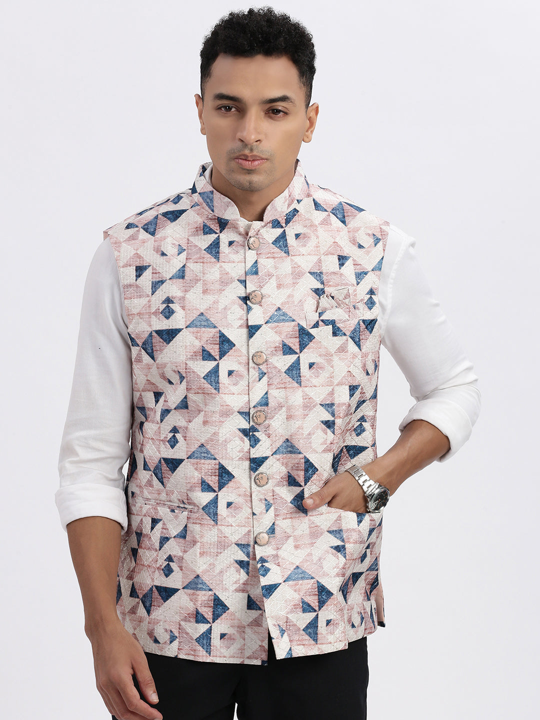 Men Peach Printed Nehru Jacket