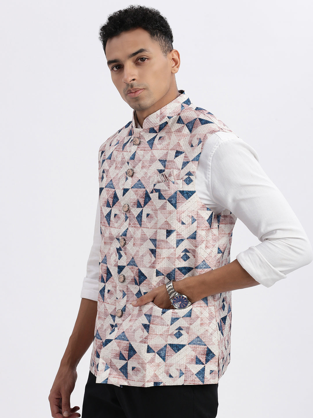 Men Peach Printed Nehru Jacket