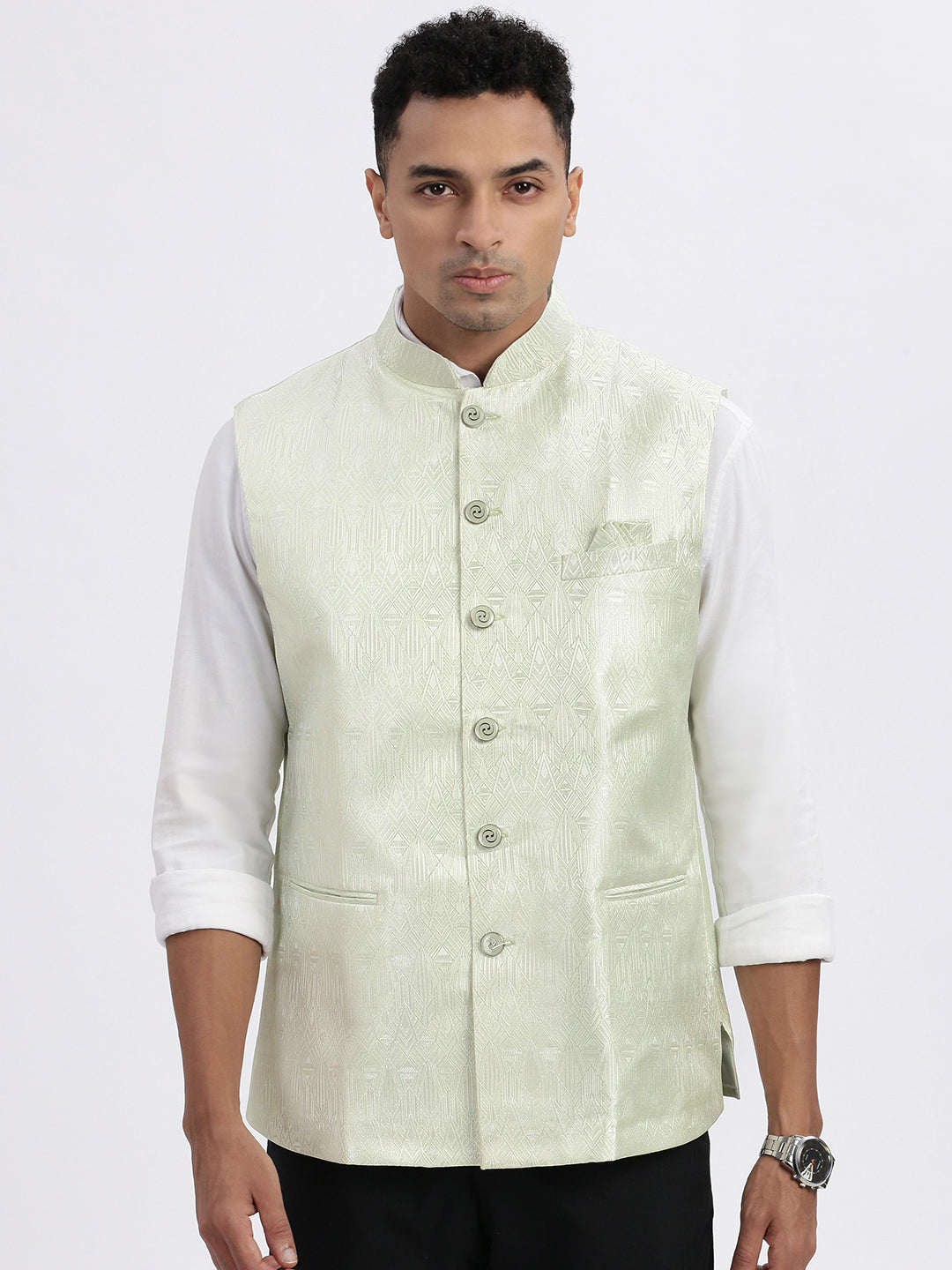 Men Green Printed Nehru Jacket