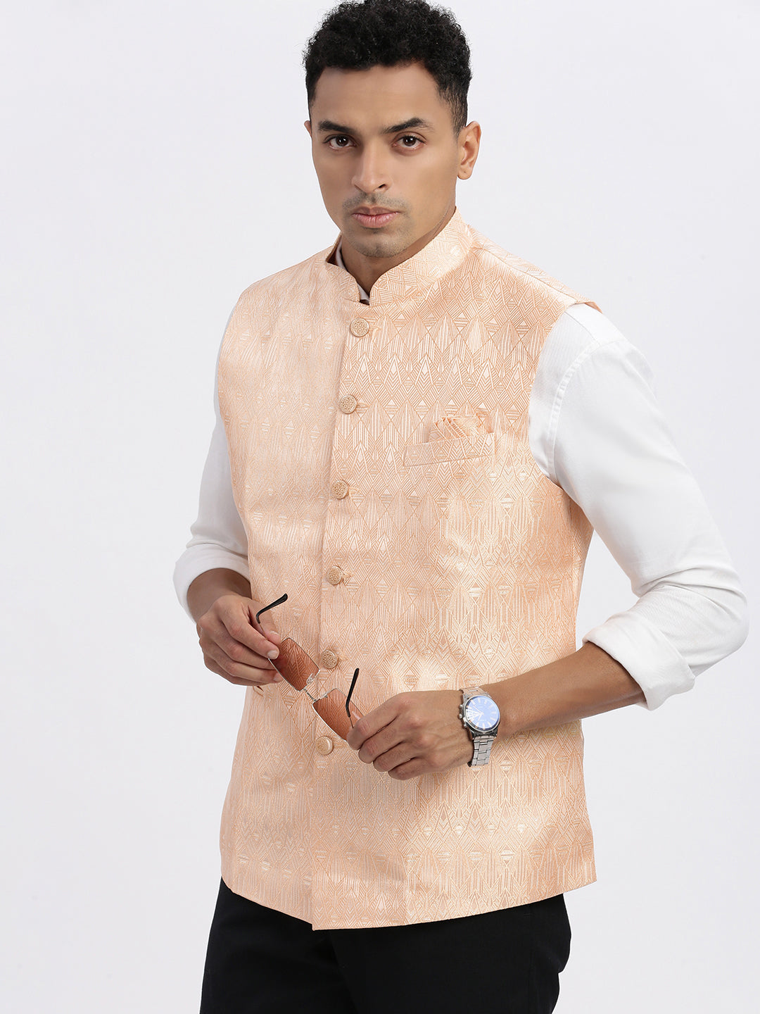 Men Orange Printed Nehru Jacket