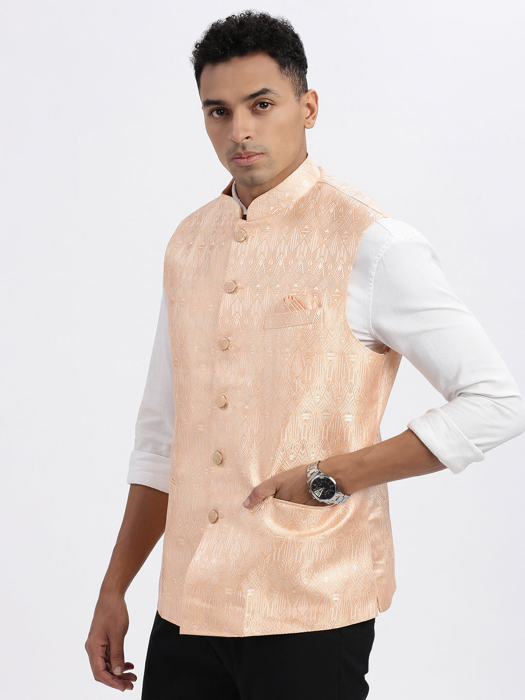 Men Orange Printed Nehru Jacket