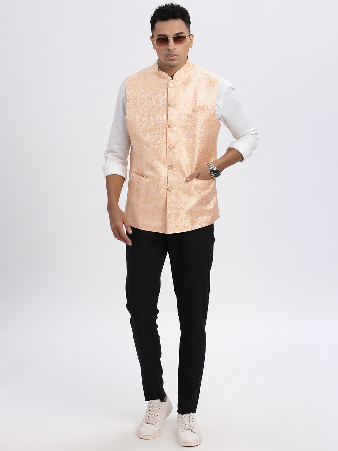 Men Orange Printed Nehru Jacket