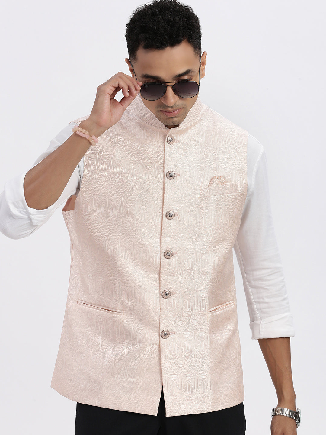 Men Peach Printed Nehru Jacket