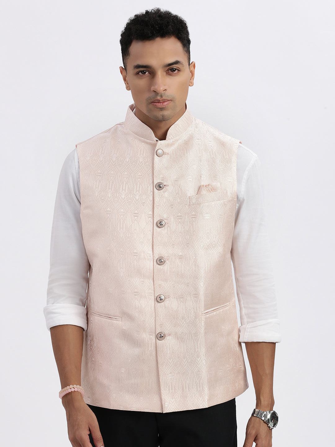 Men Peach Printed Nehru Jacket