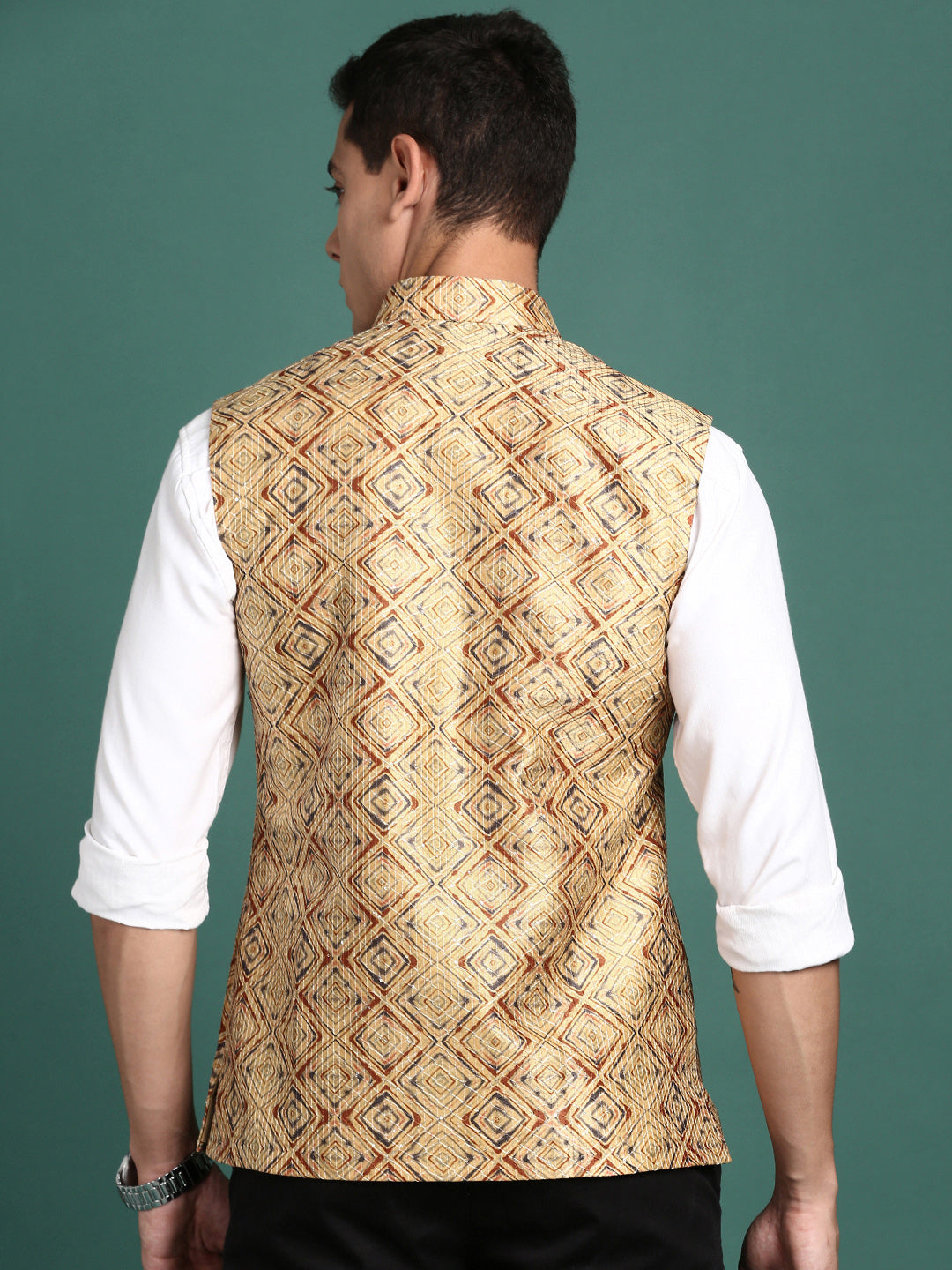 Men Embroidered Mustard Slim Fit Nehru Jacket