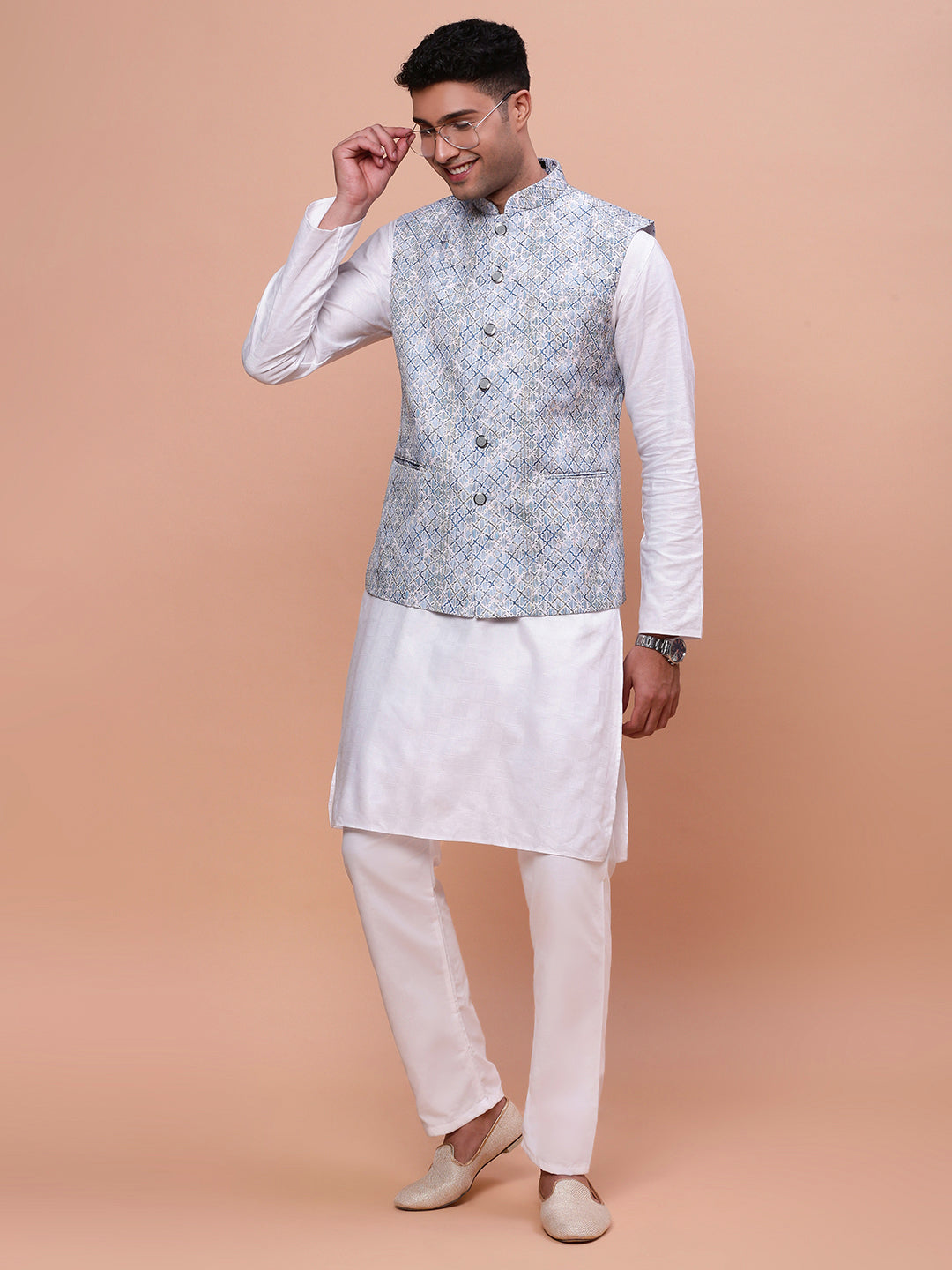 Men Embellished Blue Slim Fit Nehru Jacket