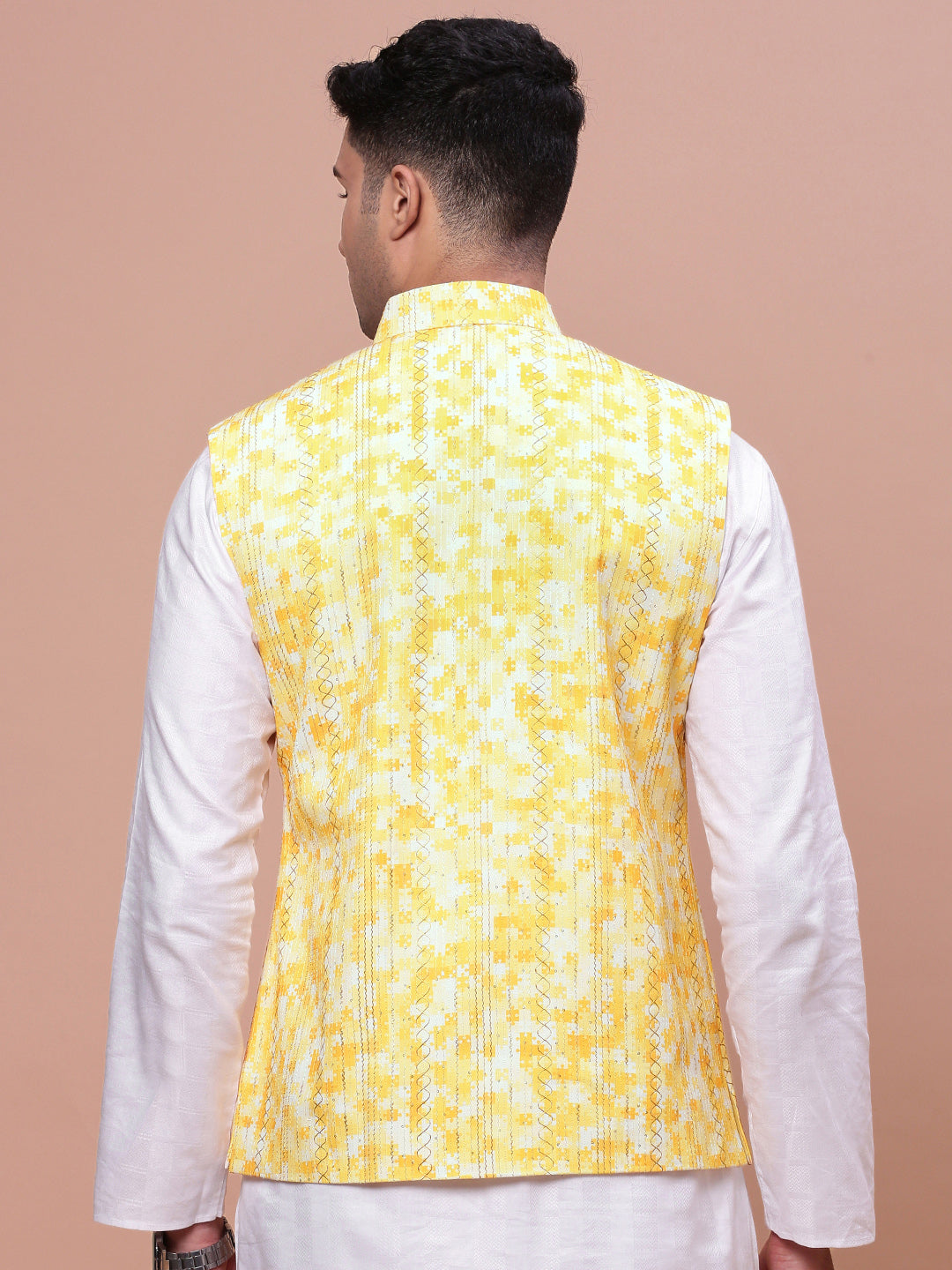 Men Embellished Yellow Slim Fit Nehru Jacket