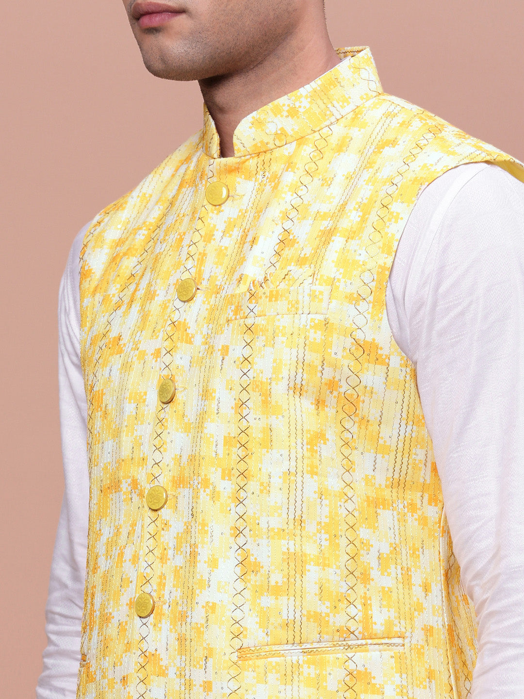 Men Embellished Yellow Slim Fit Nehru Jacket