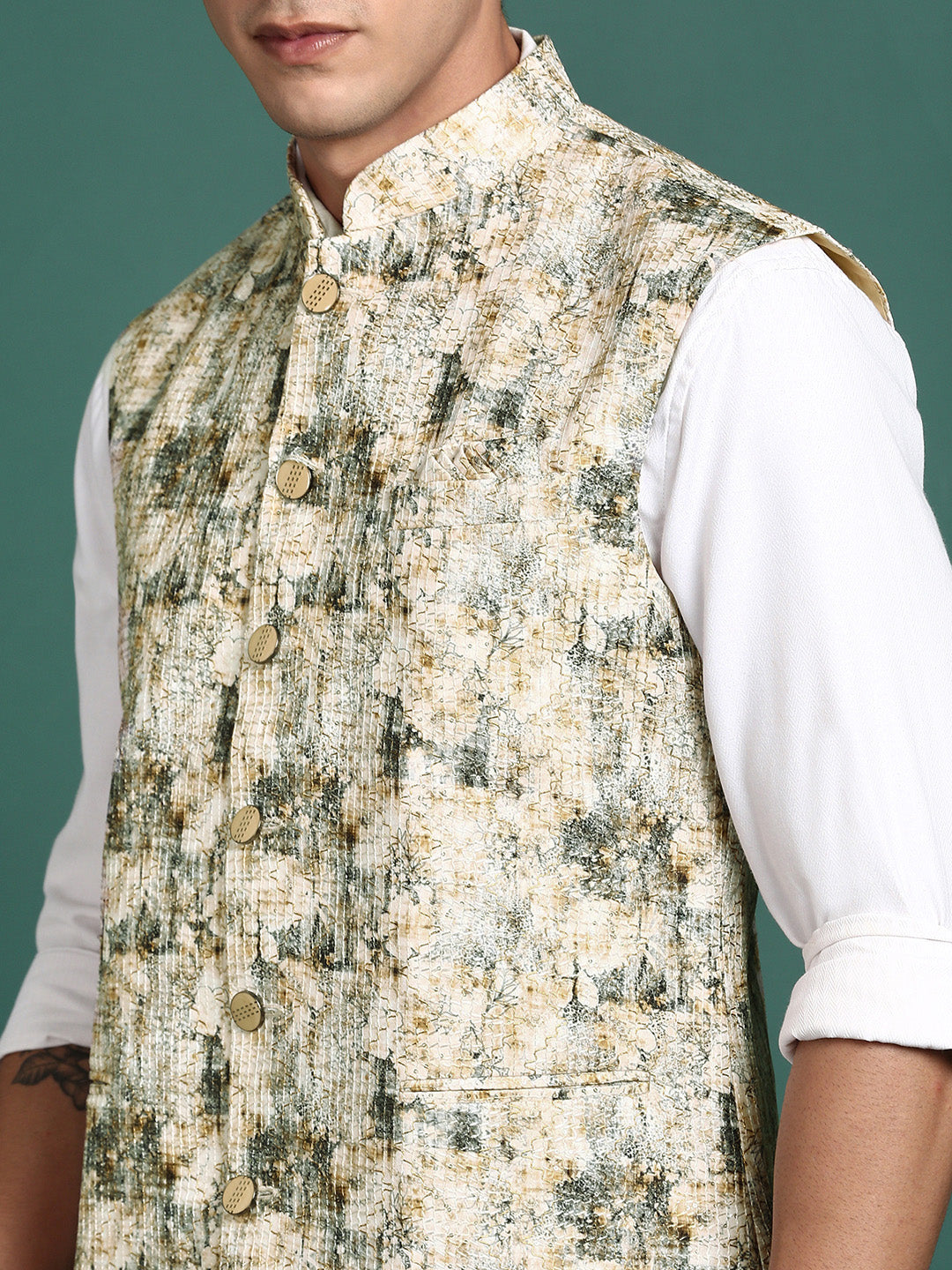 Men Embroidered Cream Slim Fit Nehru Jacket