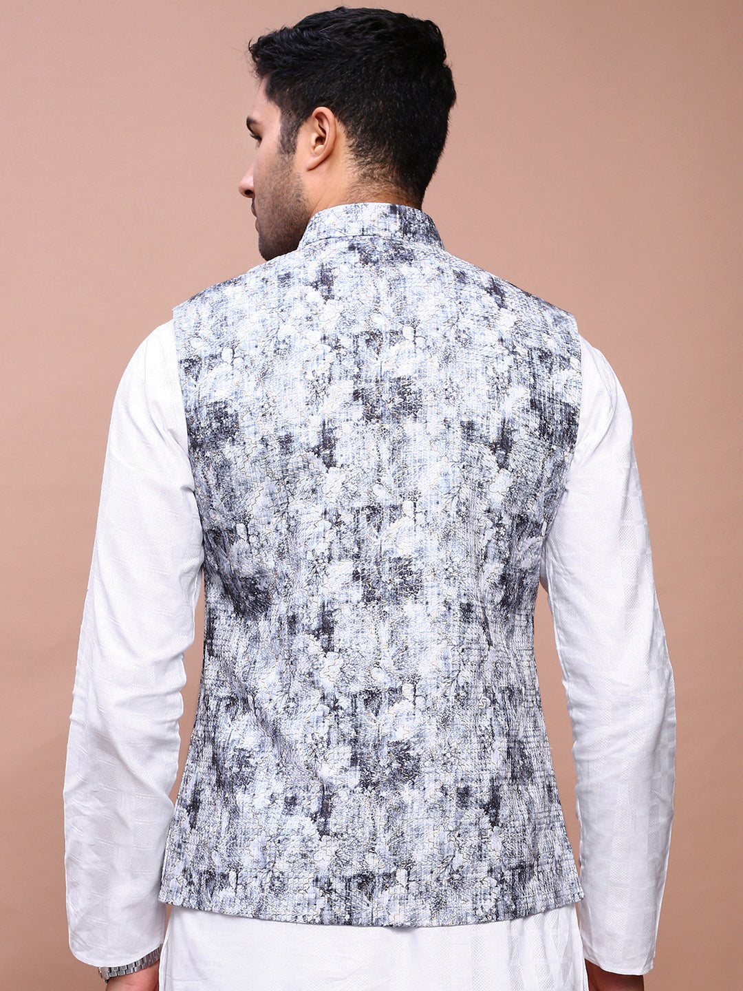 Men Embroidered Grey Slim Fit Nehru Jacket
