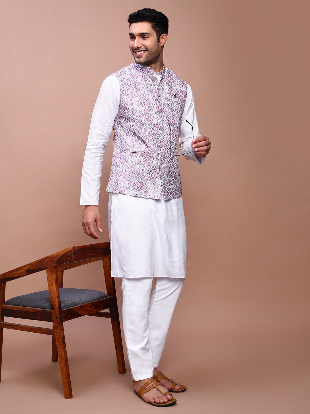 Men Embroidered Purple Slim Fit Nehru Jacket