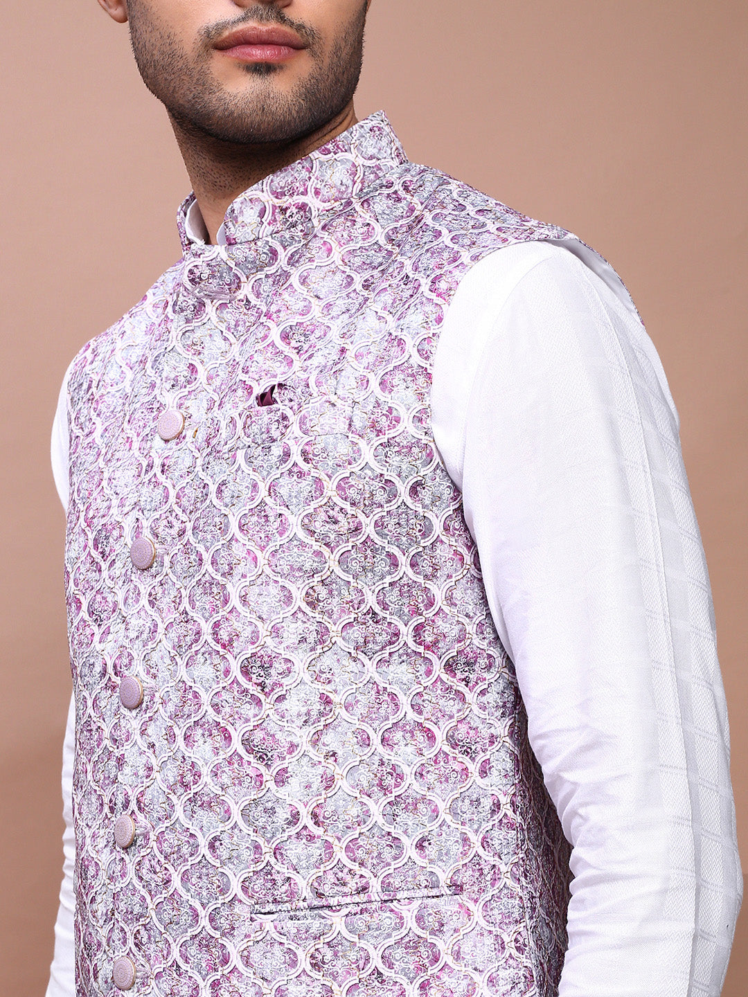 Men Embroidered Purple Slim Fit Nehru Jacket