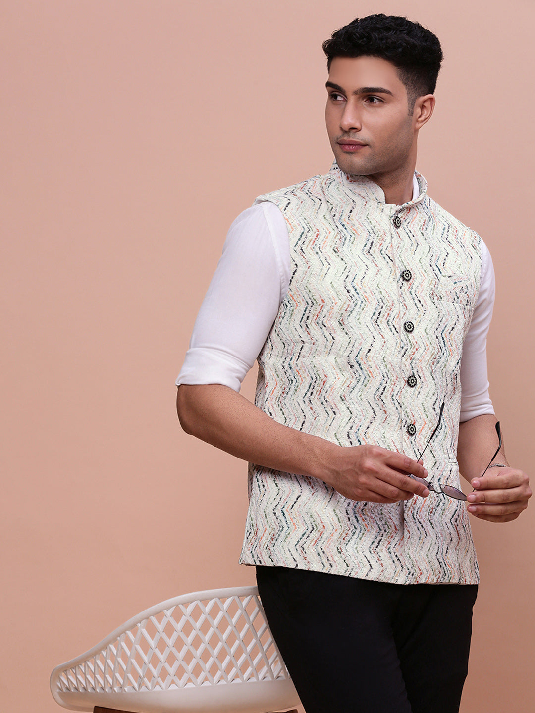 Men Embellished Cream Slim Fit Nehru Jacket