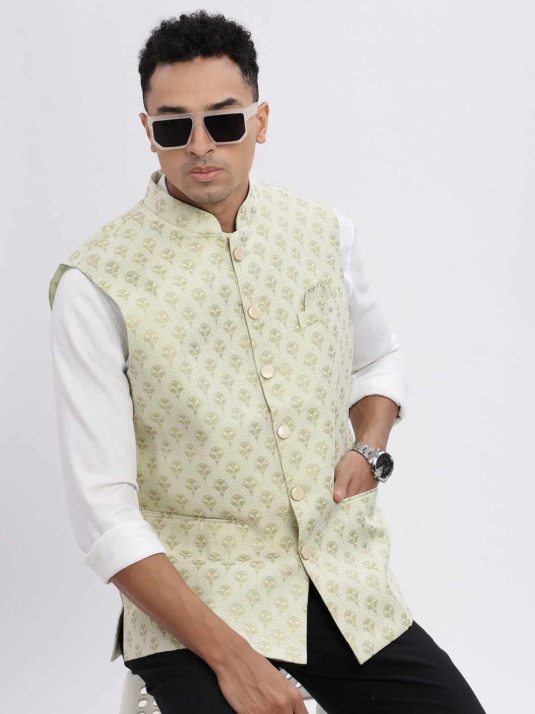 Men Green Printed Nehru Jacket