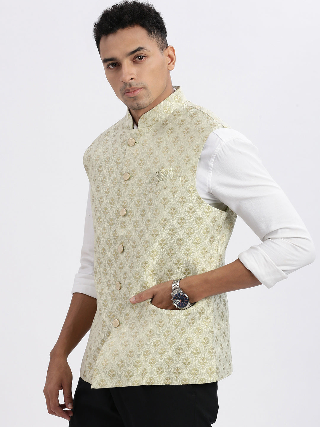 Men Green Printed Nehru Jacket