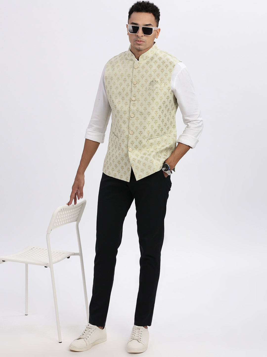 Men Green Printed Nehru Jacket