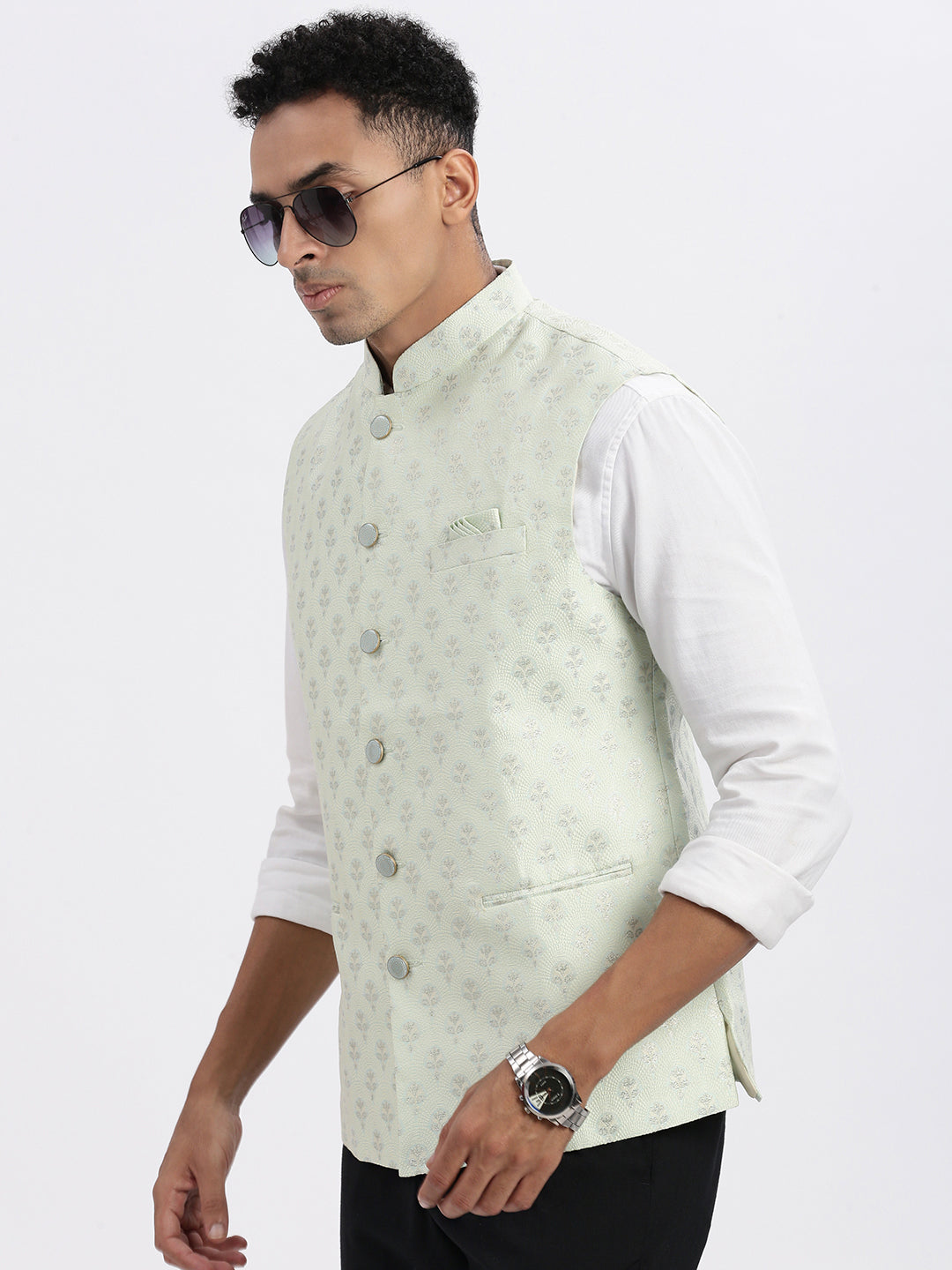 Men Green Printed Nehru Jacket