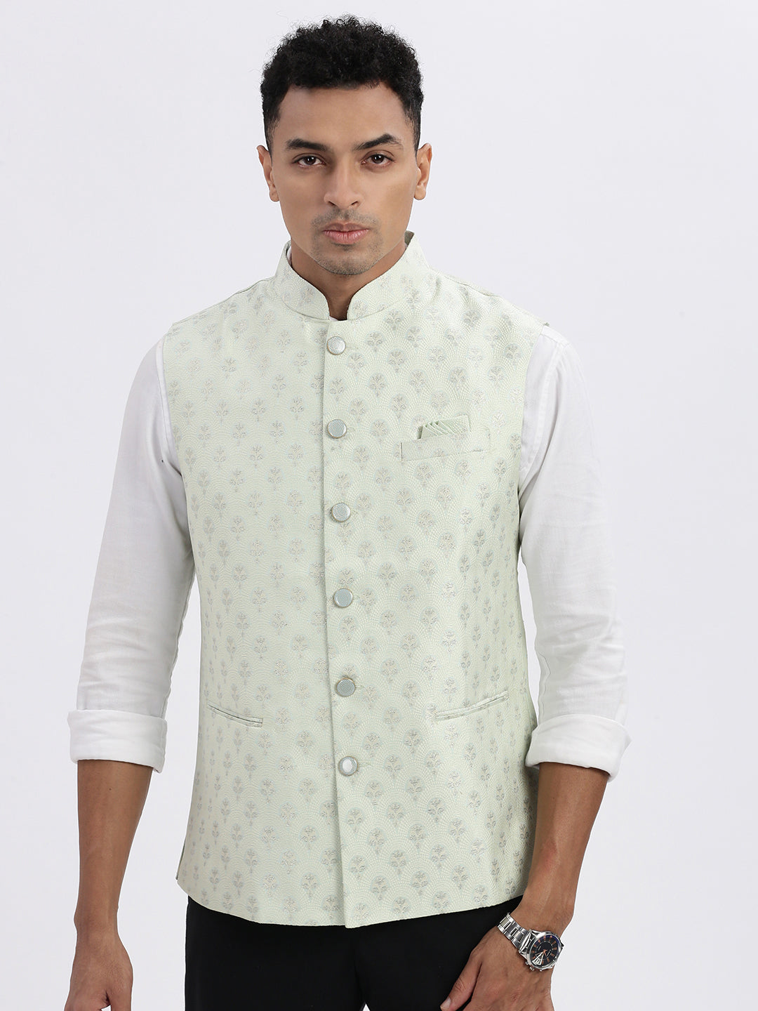 Men Green Printed Nehru Jacket