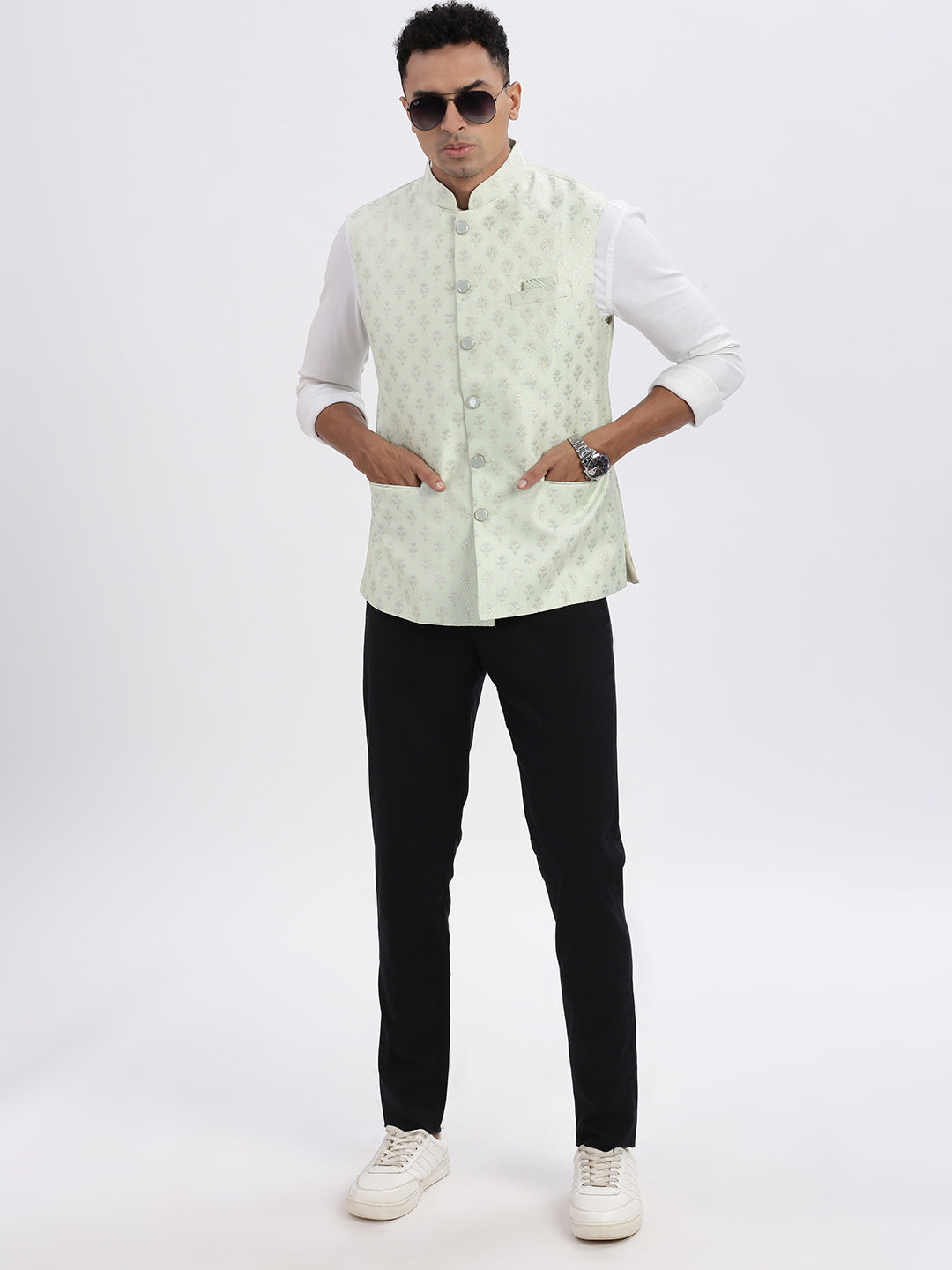 Men Green Printed Nehru Jacket