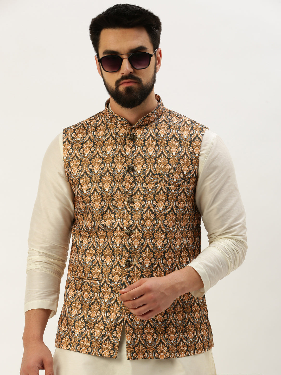 Men Mandarin Collar Printed Mustard Nehru Jacket