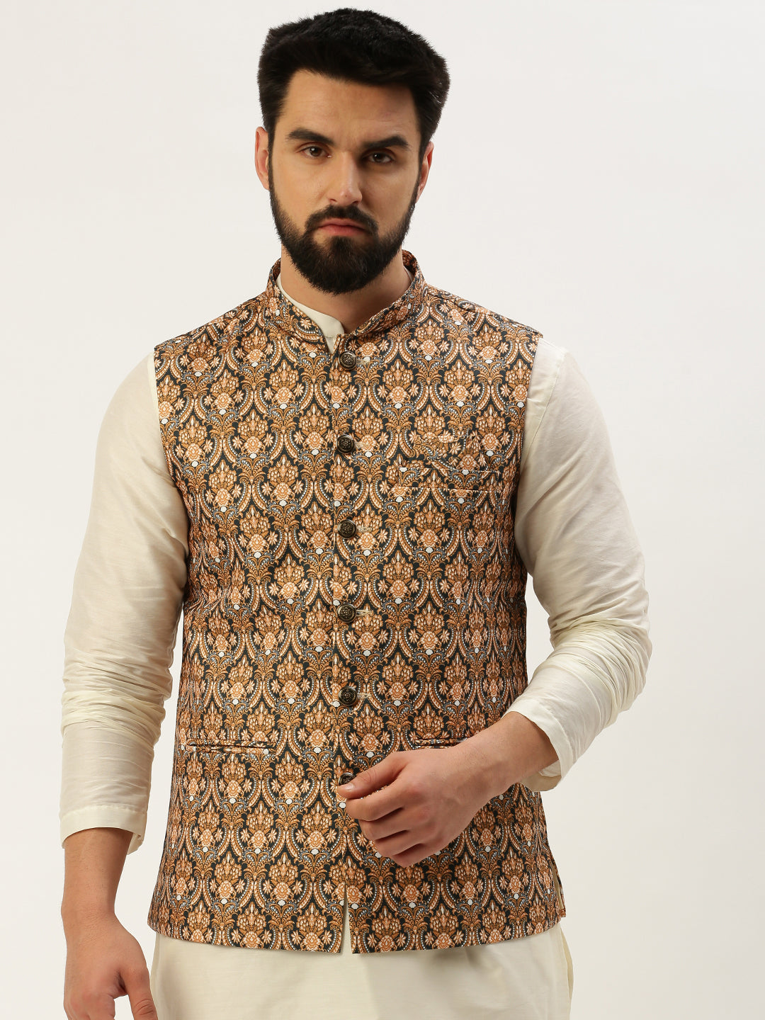 Men Mandarin Collar Printed Mustard Nehru Jacket