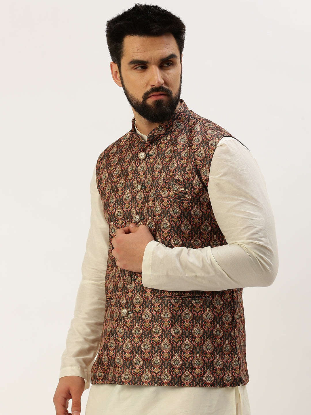 Men Mandarin Collar Printed Multi Nehru Jacket