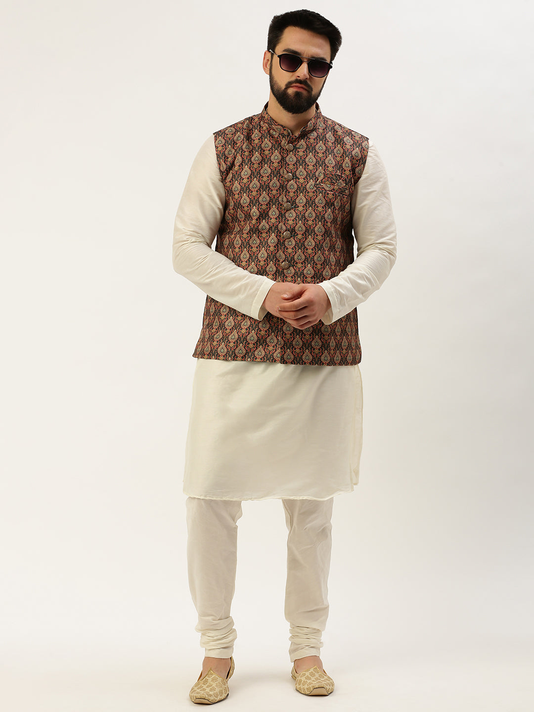 Men Mandarin Collar Printed Multi Nehru Jacket
