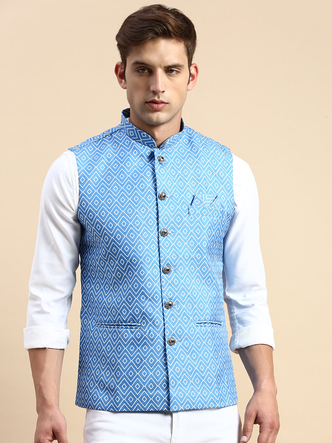 Men Mandarin Collar Printed Blue Nehru Jacket