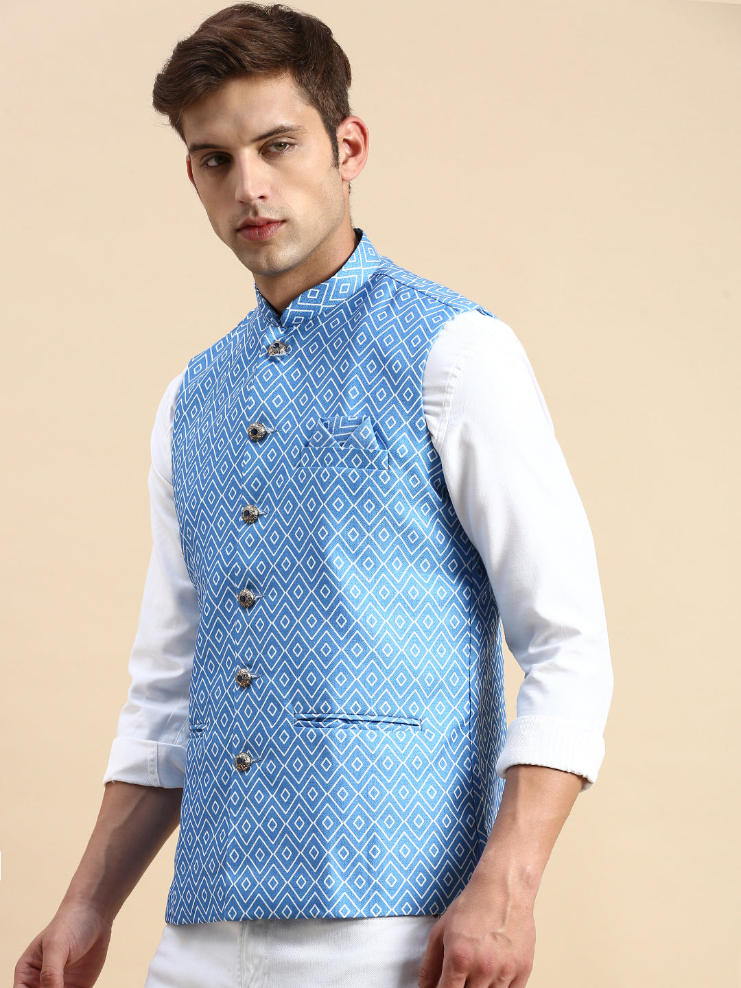 Men Mandarin Collar Printed Blue Nehru Jacket