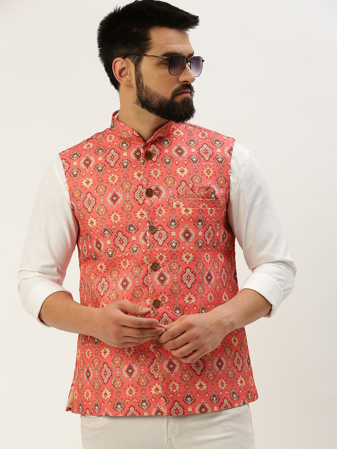 Men Mandarin Collar Printed Coral Nehru Jacket