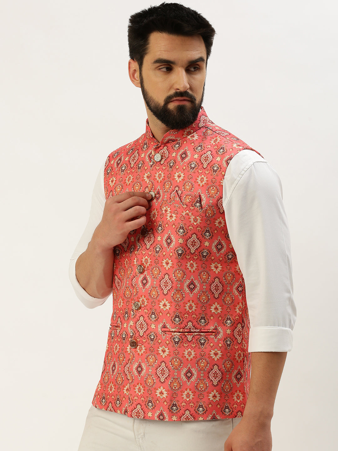 Men Mandarin Collar Printed Coral Nehru Jacket