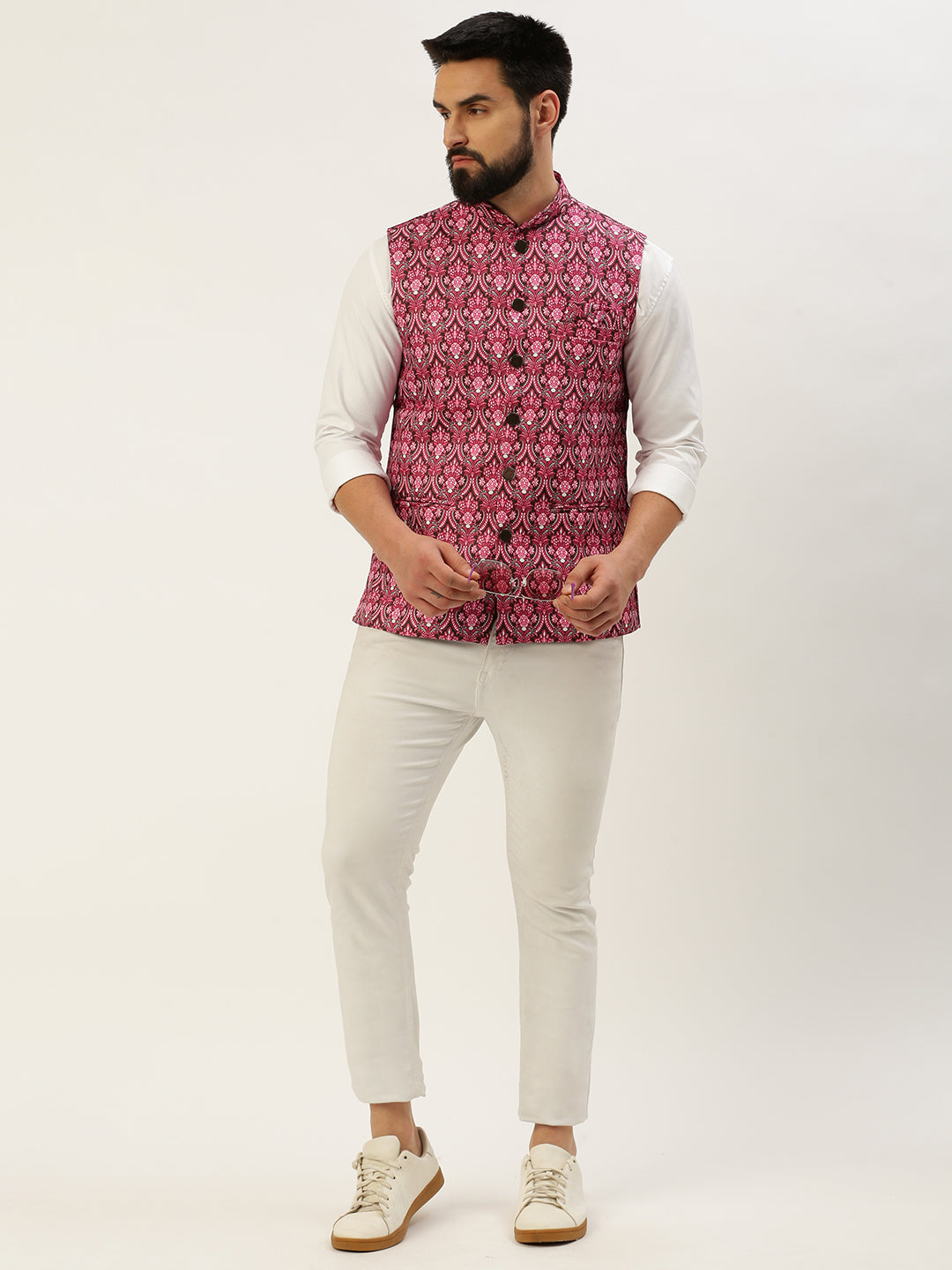 Men Mandarin Collar Printed Pink Nehru Jacket