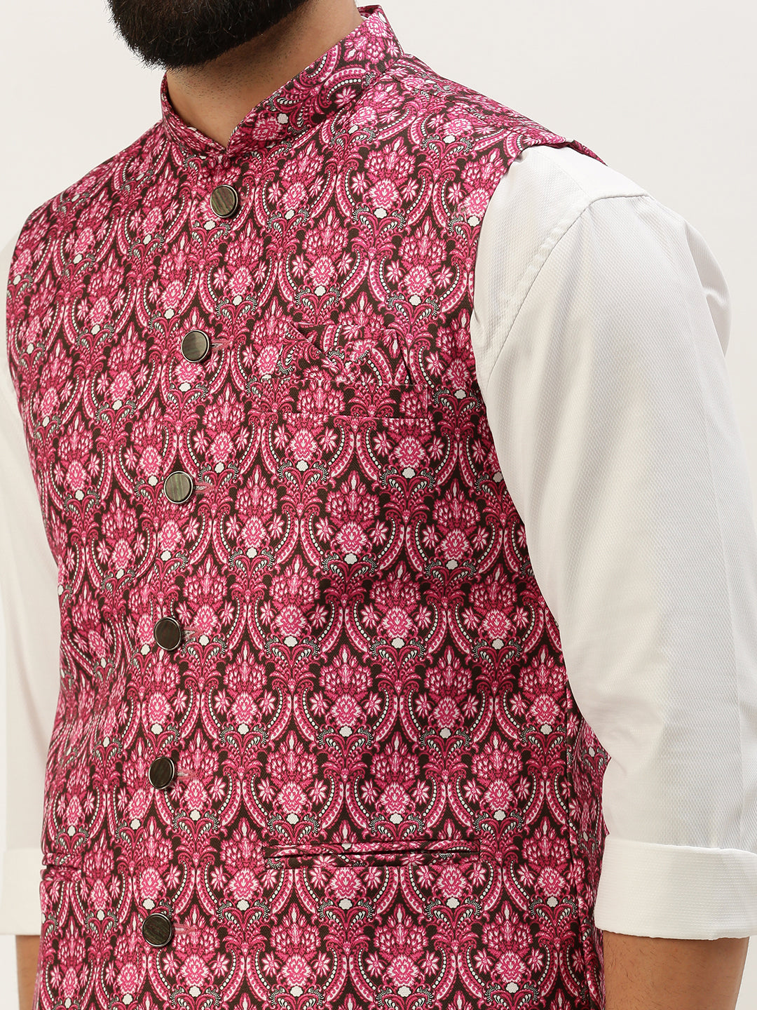 Men Mandarin Collar Printed Pink Nehru Jacket