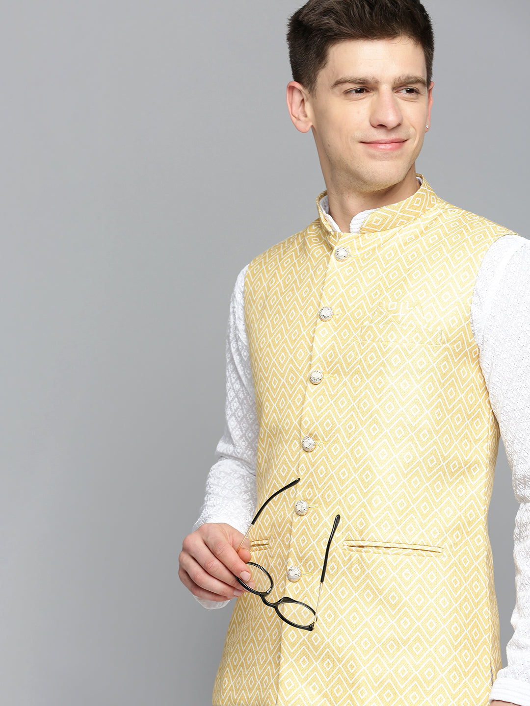 Men Mandarin Collar Printed Yellow Nehru Jacket