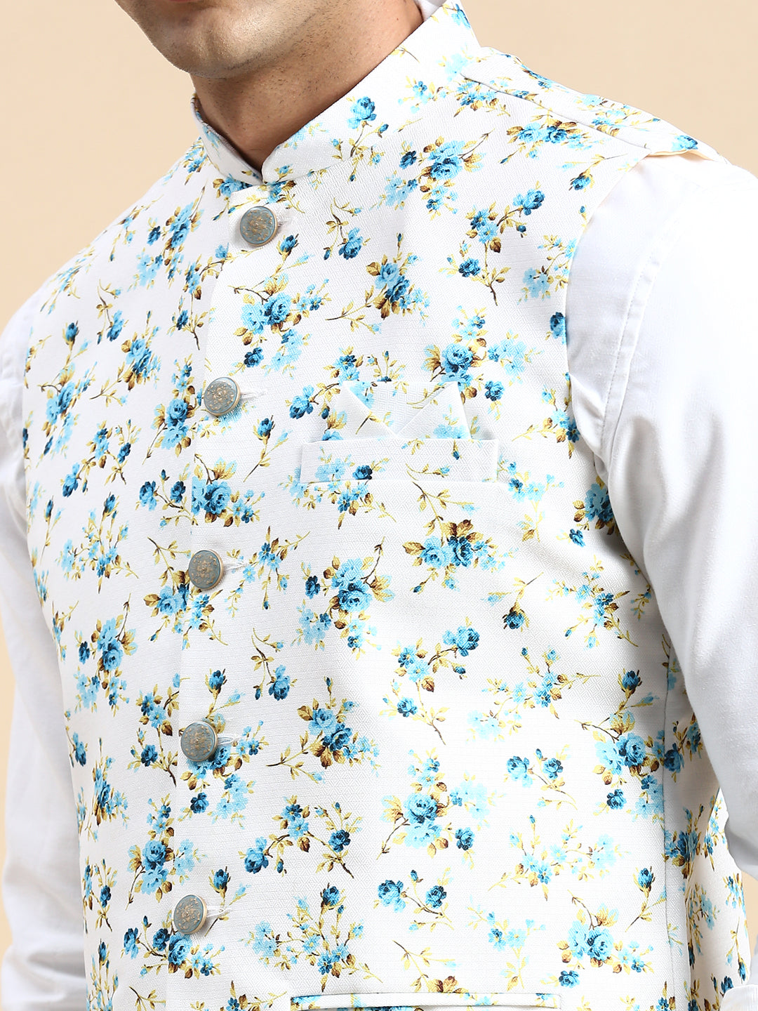 Men Mandarin Collar Printed White Nehru Jacket