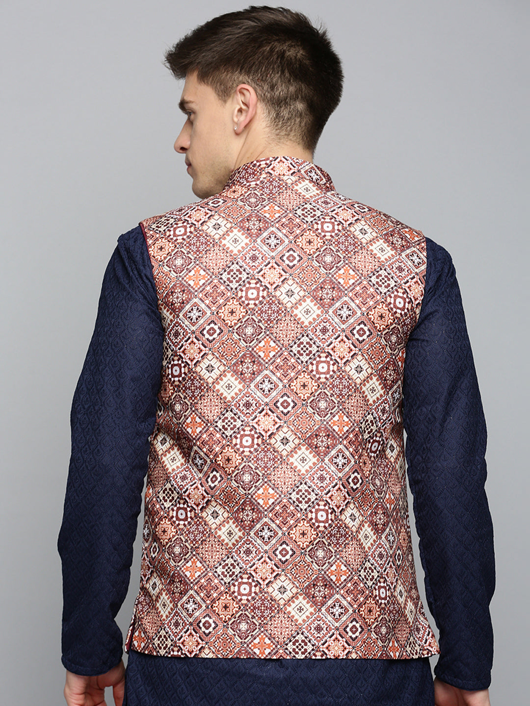 Men Mandarin Collar Printed Brown Nehru Jacket