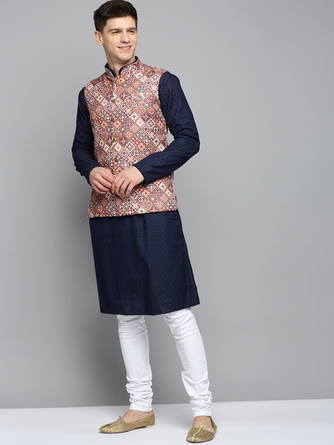 Men Mandarin Collar Printed Brown Nehru Jacket